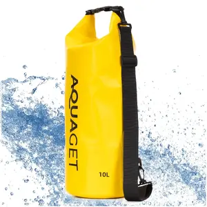 Aquaget AQ0022 Waterproof Dry Bag with Shoulder Strap, 10L Capacity, IPX6 Rating, Roll-Top Closure, PVC and Polyester Material, Yellow