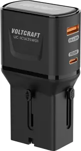 Voltcraft UC-1C1A35W01 Ceļojuma uzlādes adapteris ar 1x USB-C un 1x USB-A Fast Charge pieslēgvietām, melns, ar Eiropas, Lielbritānijas un ASV adapteriem