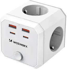 Wozinsky WRS-2B Power Splitter with 4 AC Outlets 2 USB-A and 2 USB-C Ports 4000W and Built-in Lamp White
