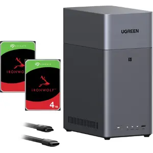 UGREEN DH2300 NAS Network Attached Storage Bundle with 2x 4 TB Seagate IronWolf NAS CMR Hard Drives Black