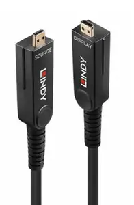 Lindy 38546 50 m šķiedru optikas hibrīda Micro-HDMI 8K60 LSZH kabelis ar noņemamiem HDMI savienotājiem male to male melns