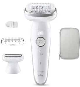 Braun Silk-épil 9 SES9-030 Cordless Epilator with 40 Tweezers, Wet & Dry Use, 2 Power Levels, and up to 50 Minutes Operating Time in White and Silver