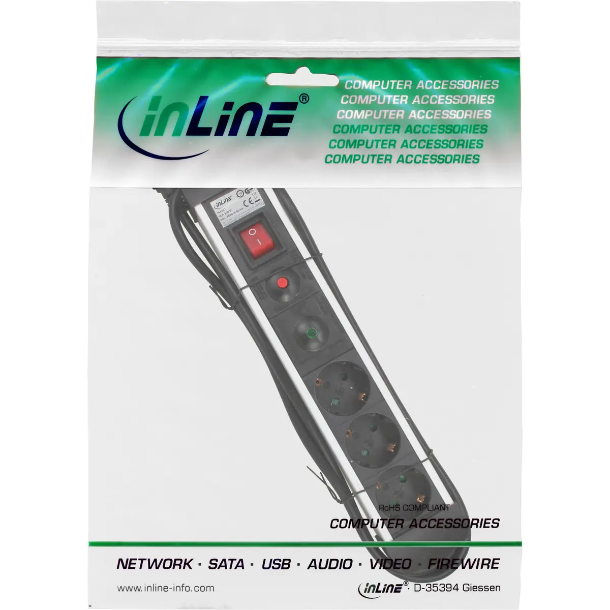 Сетевой фильтр InLine на 3 розетки с защитой и выключателем Photo 3