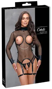 Cottelli Collection Basque Bondage S Black Net Open Cup Basque and Crotchless String Set with Chains and Rings