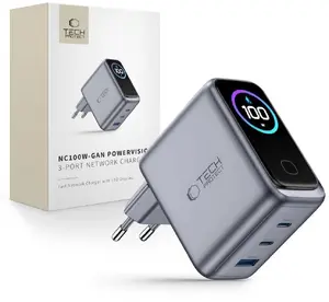 Network Charger PowerNeed Tech-Protect PowerVision NC100W-GaN USB-A 2xUSB-C PD 100W QC3.0 Dark Grey