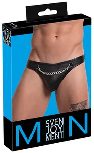 Svenjoyment vīriešu stringi XL melni no mākslīgās ādas ar gredzeniem un ķēdi