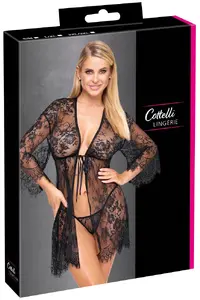 Cottelli Collection Kimono Lace 2XL/3XL Melns Caurspīdīgs Mežģīņu Kimono 90% Poliamīds 10% Elastāns ar Stringiem