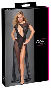 Cottelli Collection Garš kleita Dress Long Net XL caurspīdīga sieta kleita ar Moiré rakstu un šķēlumiem