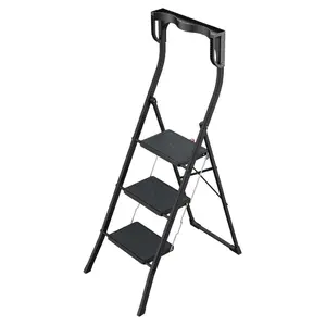 Hailo K77 ComfortLine Folding Step Stool made of Aluminum with 3 Steps, Safety Handle, Tool Tray, and Ergonomic Knee Rest in Black