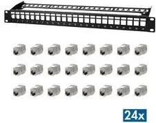 LogiLink NK5001 19-inch Modular Keystone Patch Panel PrimeLine 24 Port 1U Black RAL9005 with 24 Shielded Cat.6A Jacks