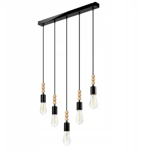 LAMKUR Simon 37370 Pendant Light 5x60W E27 Black and Wood