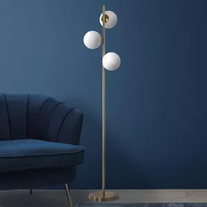 Grīdas lampa Light Prestige Dorado zelta stāvlampa ar piena stikla bumbām dzīvojamai istabai