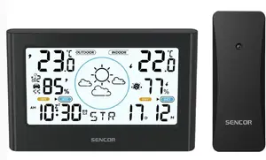 Метеостанция Sencor SWS2600 с измерением температуры и влажности внутри и снаружи помещений, с белой подсветкой ЖК-экрана, поддержкой 3 каналов и дальностью связи 80 м