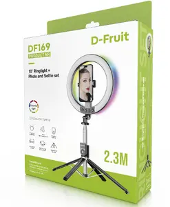 D-Fruit DF169 10 collu LED riņķa gaisma ar RGB režīmu, 2.3 m teleskopisku statīvu, telefona turētāju un bezvadu tālvadības pulti