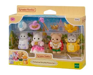 Epoch Sylvanian Families Baby Fantasy Friends Set featuring 4 fairy tale figures, accessories, and small animals for children