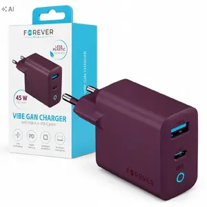 PowerNeed Forever Vibe-TC45AC Tīkla lādētājs GaN Power Delivery 45W ar 1x USB-C un 1x USB tumši ķiršu