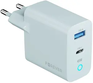 Сетевое зарядное устройство Forever Vibe-TC45AC GaN Power Delivery 45W с портами 1x USB-C и 1x USB серебристое