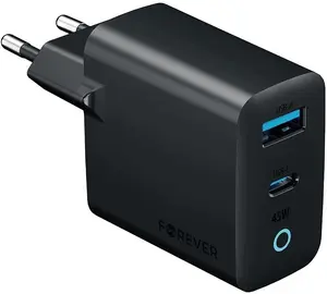 Зарядное устройство сетевое Forever Vibe-TC45AC GaN Power Delivery 45W с 1 портом USB-C и 1 портом USB темно-серое