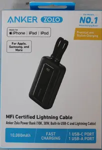 Anker A1680G11 Ārējais akumulators 10000 mAh melns ar iebūvētiem USB-C un Lightning kabeļiem USB-C 30W Lightning 27W