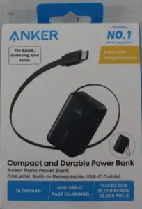 Anker Nano Power Bank 45W ar iebūvētu izvelkamu USB-C kabeli 10000 mAh Melns A1638H11