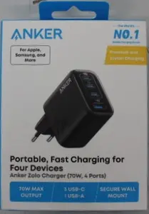 Anker Zolo 70W 4-Port USB-C Wall Charger in Black with Compact Space-Saving Design
