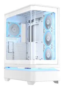 ASUS PRIME AP304 TG ARGB White PC Case supporting ATX, Micro-ATX, and Mini-ITX motherboards with tempered glass side panel and pre-installed ARGB fans
