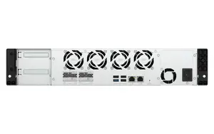 QNAP TS-h1065eU-8G tīkla datu glabātuve ar Intel 4 kodolu procesoru, ZFS failu sistēmu, 8 GB DDR5 operatīvo atmiņu, 8 SATA diskdziņu vietām, 2 E1.S slotiem, PCIe paplašinājumu un diviem 2.5GbE portiem