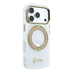Guess Apple iPhone 18 Pro Max Hard Case MagSafe IML Ring Stand 360 Script Metal Logo Transparent