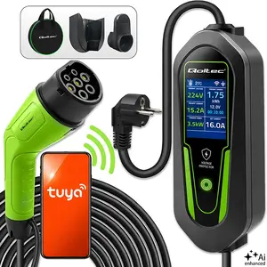 QOLTEC Electric Vehicle and Hybrid Car Charger 2-in-1 Type 2 3.5kW 230V SCHUKO 16A Wi-Fi Tuya Smart Life LCD 5m MPN 53180