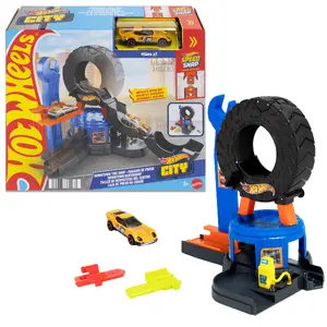 Hot Wheels City Downtown Tire Shop rotaļu komplekts un 1:64 mēroga rotaļu automašīna saderīgs ar Speed Snap trasēm daudzkrāsains plastmasa
