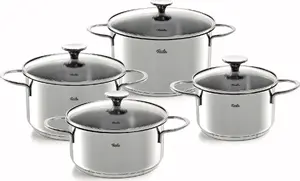 Fissler Copenhagen 4-piece cookware set made of stainless steel with glass lids