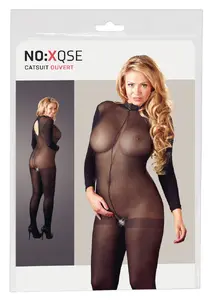 Catsuit ouvert no:xqse XL-XXL long-sleeved semi-transparent power net crotchless lace collar with foot part 100% polyamide