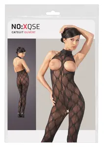 Black Catsuit no:xqse Open Bust S-L Lace Halterneck Open Crotch Footed Polyamide