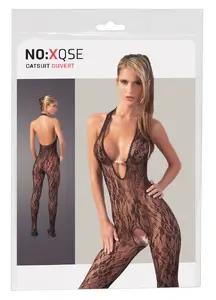 Black Catsuit with Pearls size L/XL no:xqse made of delicate net fabric with halterneck and crotchless design