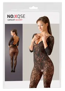 Black lace catsuit no:xqse S-L with 3/4 sleeves, long legs, foot part, decorative back lacing, crotchless, seamless, polyamide and spandex