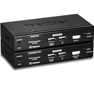 Trendnet TK-EX4 console extender with a maximum transfer distance of 100 meters, black color, operating temperature range of 0 to 40 degrees Celsius, and included VGA cable
