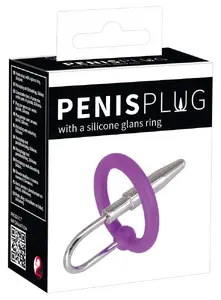 Penisplug Urethral Dilator and Silicone Glans Ring with Flexible Purple Ring and Silver-Coloured Metal Insert