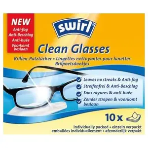 Swirl Clean Glasses Paper White Wet Wipes 10 Pack with Anti-Fog Protection
