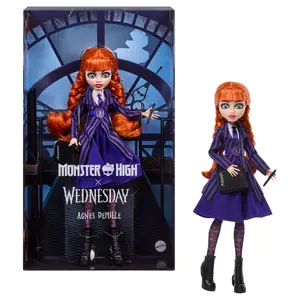Monster High x Wednesday kolekcionējama lelle Agnes DeMille ar violetu formu un aksesuāriem