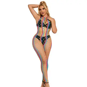 Subblime Rainbow Mesh Halter Neck Bodystocking XS/M made of nylon and spandex with open back and tight elastic fit