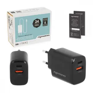 Movano GaN 20W USB-C PD and USB-A Wall Charger in Black