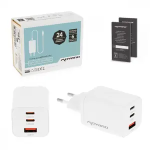 Movano GaN 65W Wall Charger with 2x USB-C PD and 1x USB-A Ports in White