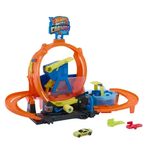 Игровой набор с треком Hot Wheels City Mega Loop Car Wash JHL97 с машинкой Color Shifters в масштабе 1:64 из пластика разноцветный для детей от 4 до 5 лет