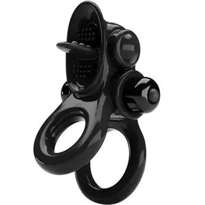 FOR HIM PRETTY LOVE PASSIONATE RING Double Vibrating Ring with Clitoris Stimulator Black TPR 10 Vibration Functions 1 AAA Battery