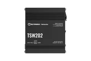 Teltonika TSW202 Managed L2 Gigabit Ethernet Switch with 8 PoE+ ports, 2 SFP slots, 20 Gbit/s switching capacity, and aluminium IP30 housing