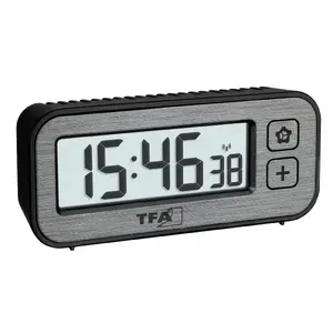 TFA SWITCH Mini radio vadāms digitālais modinātājs ar temperatūras un mitruma mērījumu, taisnstūra, melns un pelēks