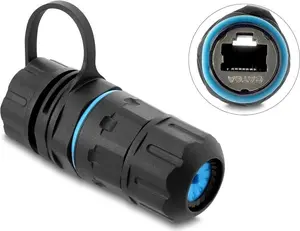 Delock Kabelverbinder RJ45 Buchse zu RJ45 Buchse Cat.6A mit M20 x 1,5 mm Gewinde und Verschlusskappe mit Gehäuse IP68 staub- und wasserdicht (91840)