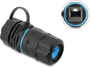 Delock Kabelverbinder RJ45 Buchse zu RJ45 Buchse Cat.6A mit M23,5 x 1,5 mm Gewinde und Verschlusskappe mit Gehäuse IP68 staub- und wasserdicht (91841)