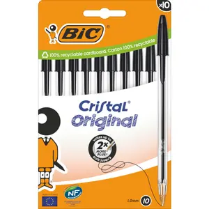 BIC Kugelschreiber Cristal Original, schwarz, 10er Kartonbox Strichstärke: 0,32 mm, sechseckig, transparenter Schaft, - 1 Stück (516353)