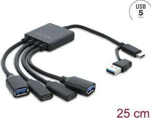 Delock 4 Port USB 5 Gbps Kabel-Hub mit USB Type-C oder USB Typ-A Stecker zu 2 x USB Typ-A Buchse + 2 x USB Type-C Buchse - 25 cm (64375)